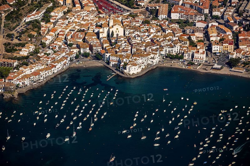 Bay of Cadaques, sailing boats, old town, Parc Natural Cap De Creus, Cadaqués, Costa Brava, Catalonia, Spain, Cadaqués, Europe, aerial view, birds-eyes view, aerial photography, aerial photography, aerial photography, overview, overview, bird's eye view, aerial photos of Spain