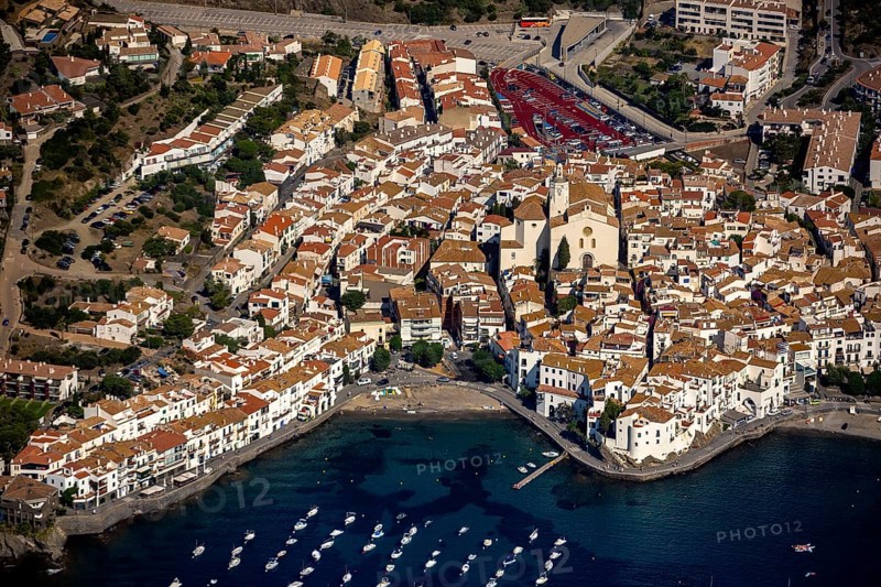 Bay of Cadaques, sailing boats, old town, Parc Natural Cap De Creus, Cadaqués, Costa Brava, Catalonia, Spain, Cadaqués, Europe, aerial view, birds-eyes view, aerial photography, aerial photography, aerial photography, overview, overview, bird's eye view, aerial photos of Spain