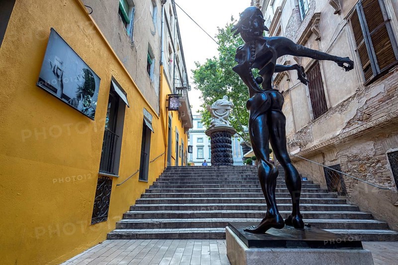 Homage Ã Newton, bronze figure in the alleys of Figueres, Figueres, Figueras, Catalonia, Spain, Europe, aerial view, birds-eyes view, aerial photography, aerial photography, overview, bird's eye view
