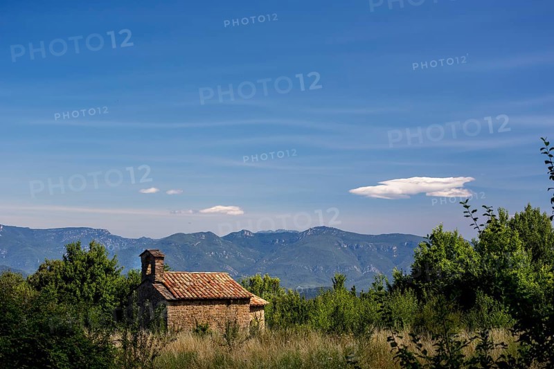 Small chapel on the hills of Sant Miquel de Campmajor, Cataluña, Catalonia, Spain, Sant Miquel de Campmajor, Cataluña, Europe, aerial view, birds-eyes view, aerial photography, aerial photography, overview, overview, bird's eye view