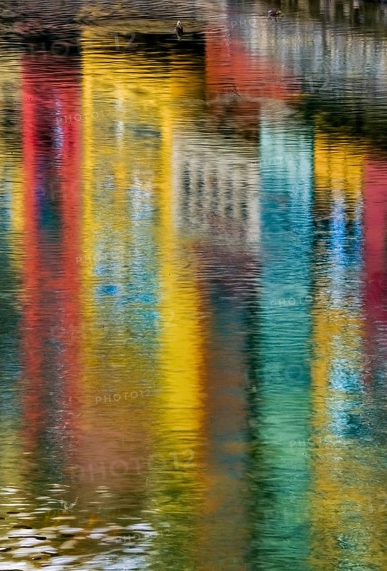 Reflections of the colourful facades in the river Onyar, Girona, Cataluña, Gerona, Catalonia, Spain, Cataluña, Europe, aerial photo, birds-eyes view, aerial photography, aerial photography, overview, bird's eye view