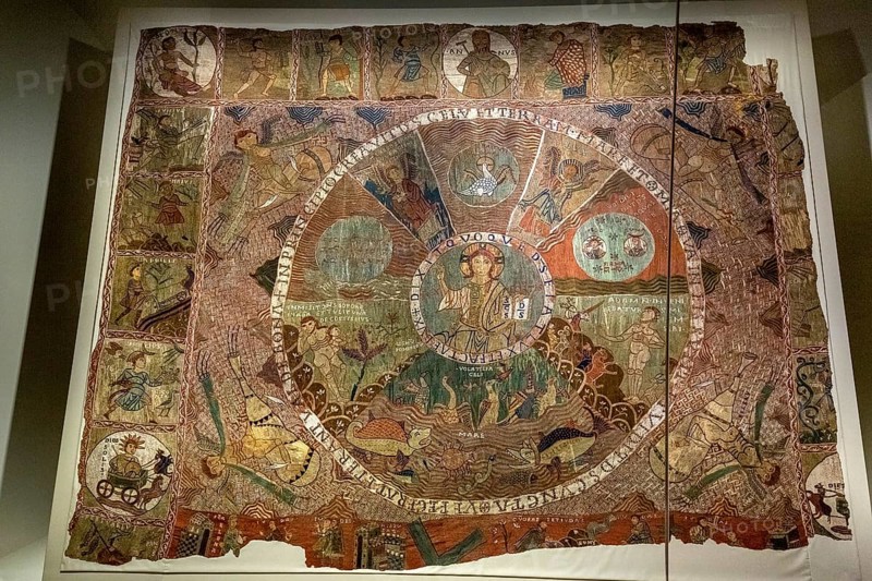 TapÃs de la creaciÃü, creation tapestry from the 11th century, Cathedral Santa Maria of Gerona, centre of the creator god Pantokrator, Catedral Santa Maria de Girona, Girona, Cataluña, Gerona, Catalonia, Spain, Cataluña, Europe, aerial view, birds-eyes view, aerial photography, aerial photography, overview, bird's eye view