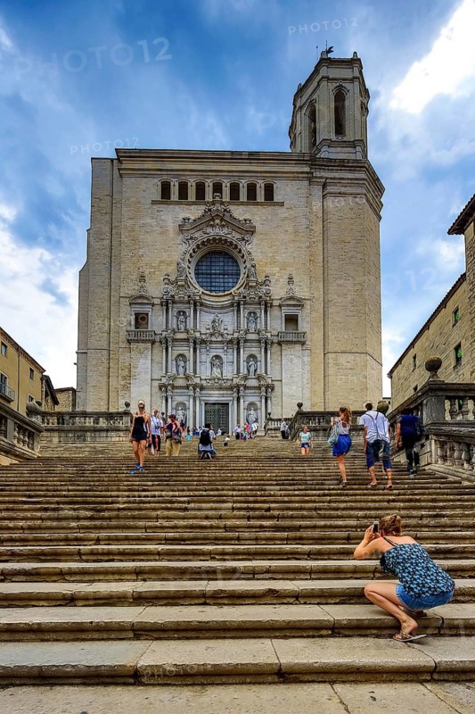 Staircase to the Cathedral of Santa Maria of Gerona, Catedral Santa Maria de Girona, Girona, Cataluña, Gerona, Catalonia, Spain, Cataluña, Europe, aerial view, birds-eyes view, aerial photography, aerial photography, overview, bird's eye view