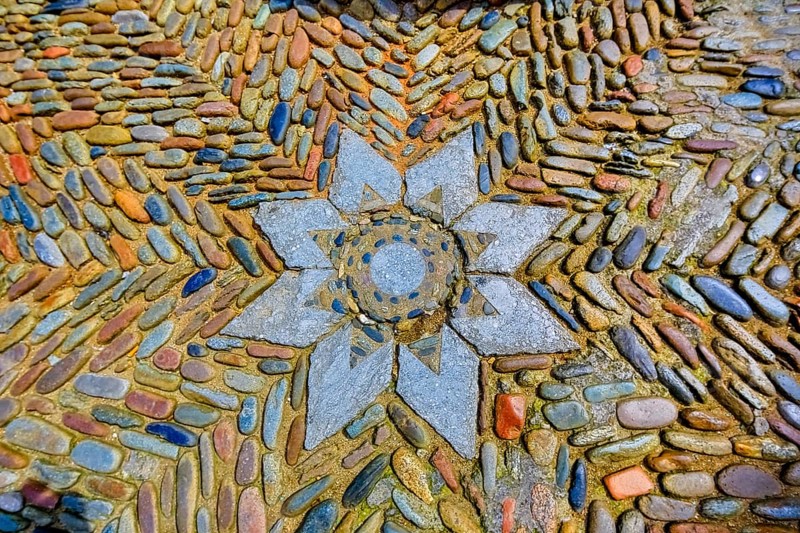 Colourful stone mosaic in front of the cathedral of Girona, Girona, Cataluña, Gerona, Catalonia, Spain, Cataluña, Europe, aerial view, birds-eyes view, aerial photography, aerial photography, aerial photography, overview, bird's eye view