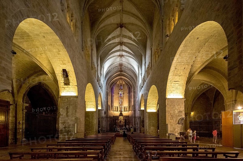 Nave of the church Sant Feliu, Sant Felix, Girona, Cataluña, Gerona, Catalonia, Spain, Cataluña, Europe, aerial view, birds-eyes view, aerial photography, aerial photography, overview, overview, bird's eye view