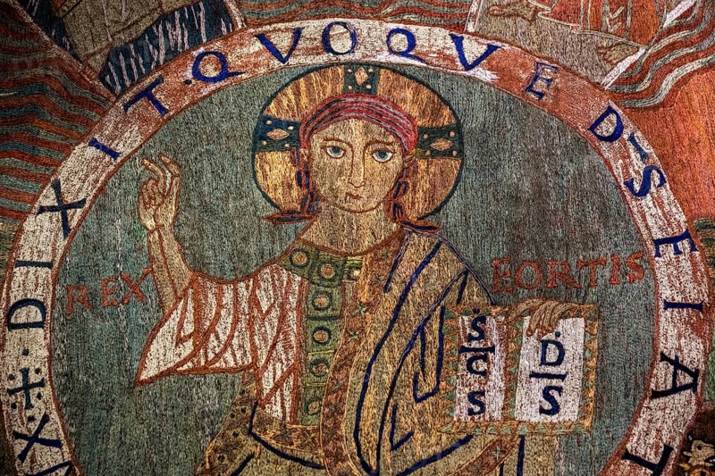 TapÃs de la creaciÃü, creation tapestry from the 11th century, Cathedral Santa Maria of Gerona, centre of the creator god Pantokrator, Catedral Santa Maria de Girona, Girona, Cataluña, Gerona, Catalonia, Spain, Cataluña, Europe, aerial view, birds-eyes view, aerial photography, aerial photography, overview, bird's eye view