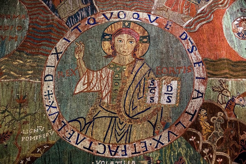 TapÃs de la creaciÃü, creation tapestry from the 11th century, Cathedral Santa Maria of Gerona, centre of the creator god Pantokrator, Catedral Santa Maria de Girona, Girona, Cataluña, Gerona, Catalonia, Spain, Cataluña, Europe, aerial view, birds-eyes view, aerial photography, aerial photography, overview, bird's eye view