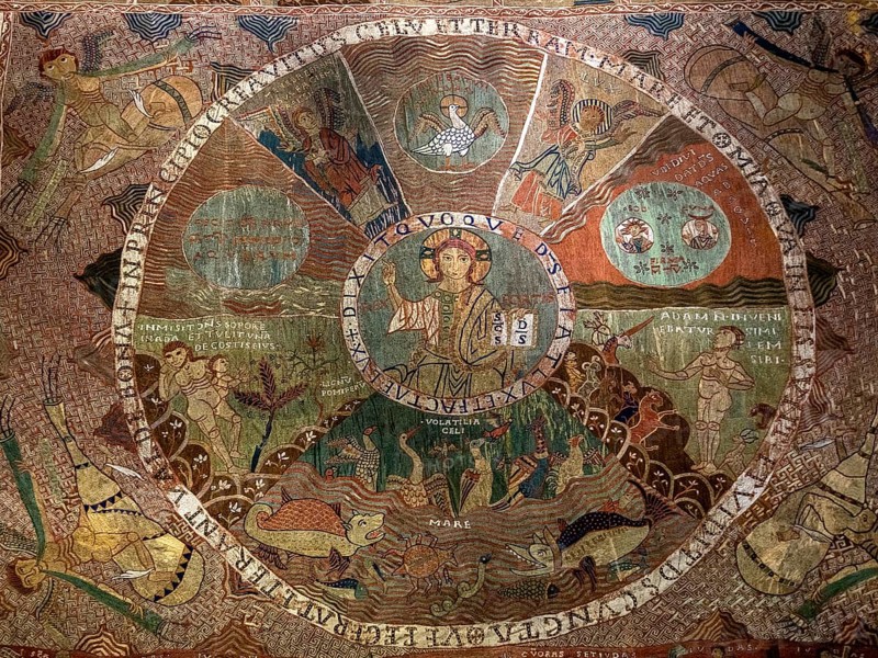 TapÃs de la creaciÃü, creation tapestry from the 11th century, Cathedral Santa Maria of Gerona, centre of the creator god Pantokrator, Catedral Santa Maria de Girona, Girona, Cataluña, Gerona, Catalonia, Spain, Cataluña, Europe, aerial view, birds-eyes view, aerial photography, aerial photography, overview, bird's eye view