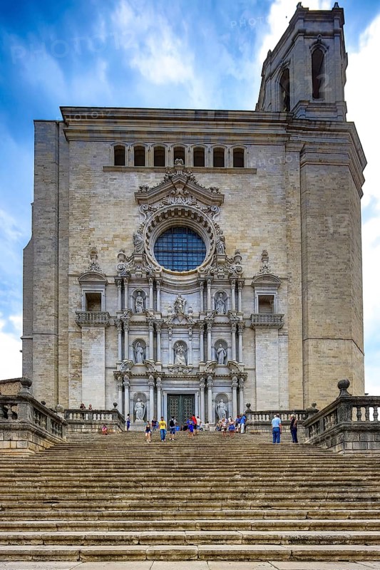 Staircase to the Cathedral of Santa Maria of Gerona, Catedral Santa Maria de Girona, Girona, Cataluña, Gerona, Catalonia, Spain, Cataluña, Europe, aerial view, birds-eyes view, aerial photography, aerial photography, overview, bird's eye view