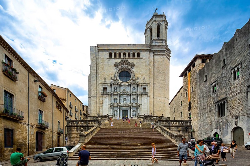 Staircase to the Cathedral of Santa Maria of Gerona, Catedral Santa Maria de Girona, Girona, Cataluña, Gerona, Catalonia, Spain, Cataluña, Europe, aerial view, birds-eyes view, aerial photography, aerial photography, overview, bird's eye view