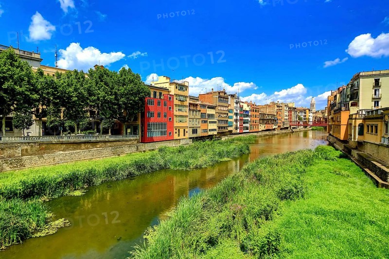Colourful facades over the river Onyar, Girona, Cataluña, Gerona, Catalonia, Spain, Cataluña, Europe, aerial view, birds-eyes view, aerial photography, aerial photography, overview, bird's eye view