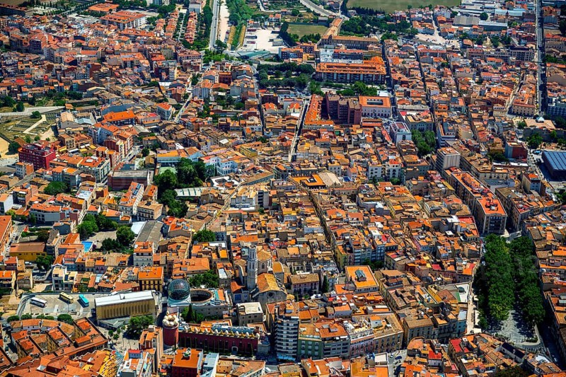 Overview of Figueres with Dali Museum, Costa Brava, Catalonia, Spain, Figueres, Europe, aerial view, birds-eyes view, aerial photography, aerial photography, overview, bird's eye view, aerial photos of Spain