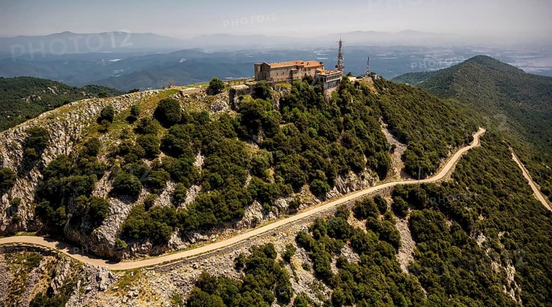 Monastery Mare de Deu del Mont, Monastery of the Mother of God of the Mountain, Beuda, Costa Brava, Catalonia, Spain, Europe, aerial view, birds-eyes view, aerial photography, aerial photography, overview, overview, bird's eye view, aerial photos of Spain