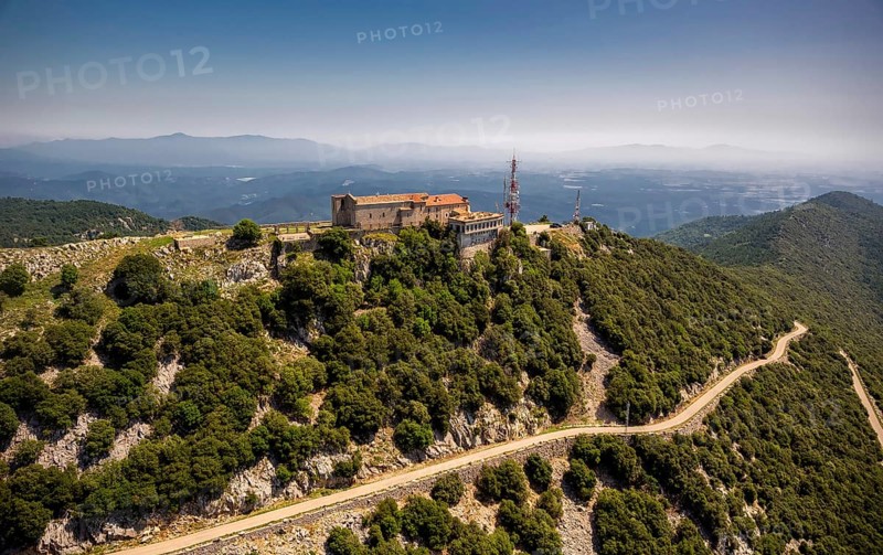 Monastery Mare de Deu del Mont, Monastery of the Mother of God of the Mountain, Beuda, Costa Brava, Catalonia, Spain, Europe, aerial view, birds-eyes view, aerial photography, aerial photography, overview, overview, bird's eye view, aerial photos of Spain