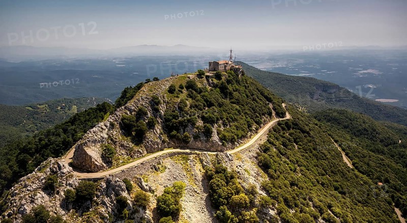 Monastery Mare de Deu del Mont, Monastery of the Mother of God of the Mountain, Beuda, Costa Brava, Catalonia, Spain, Europe, aerial view, birds-eyes view, aerial photography, aerial photography, overview, overview, bird's eye view, aerial photos of Spain