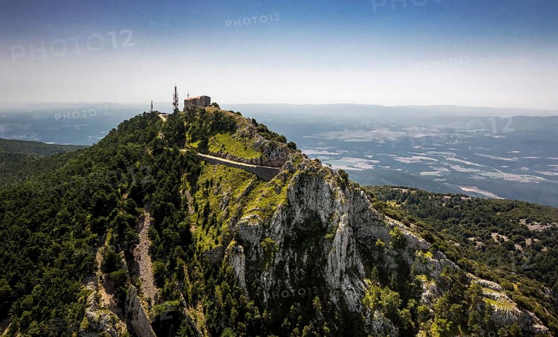 Monastery Mare de Deu del Mont, Monastery of the Mother of God of the Mountain, Beuda, Costa Brava, Catalonia, Spain, Europe, aerial view, birds-eyes view, aerial photography, aerial photography, overview, overview, bird's eye view, aerial photos of Spain