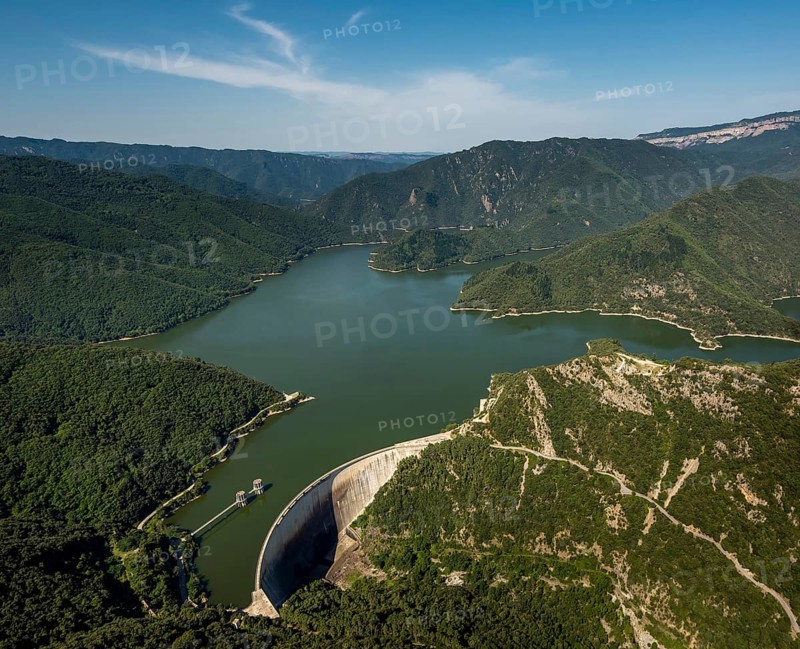River Ter, Riu Ter, Susqueda Reservoir, Panta de Susqueda, Rupit, Costa Brava, Cataluña, Catalonia, Spain, Cataluña, Europe, aerial view, birds-eyes view, aerial photography, aerial photography, overview, bird's eye view, aerial photos of Spain