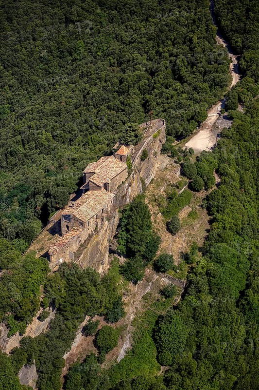 Rocacorba Monastery, Santuari de la Mare de Déu de Rocacorba, Monastery of Our Lady of Rocacorba, monastery, hermit monastery, Sant MartÃ de LlÃ©mena, Costa Brava, Catalonia, Spain, Sant Martí de Llémena, Europe, aerial view, birds-eyes view, aerial photography, aerial photography, overview, bird's eye view, aerial photos of Spain