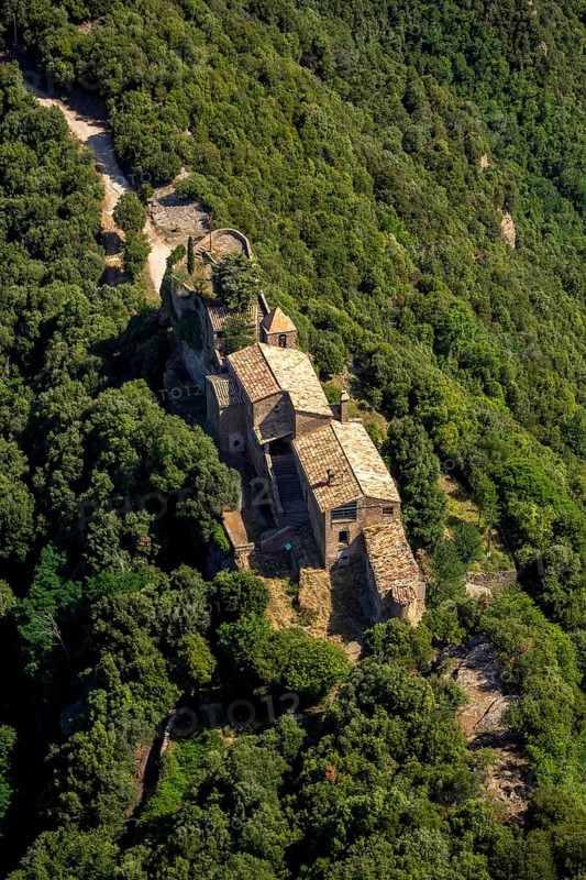 Rocacorba Monastery, Santuari de la Mare de Déu de Rocacorba, Monastery of Our Lady of Rocacorba, monastery, hermit monastery, Sant MartÃ de LlÃ©mena, Costa Brava, Catalonia, Spain, Sant Martí de Llémena, Europe, aerial view, birds-eyes view, aerial photography, aerial photography, overview, bird's eye view, aerial photos of Spain
