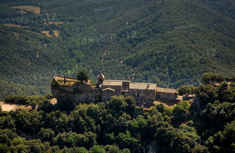 Rocacorba Monastery, Santuari de la Mare de Déu de Rocacorba, Monastery of Our Lady of Rocacorba, monastery, hermit monastery, Sant MartÃ de LlÃ©mena, Costa Brava, Catalonia, Spain, Sant Martí de Llémena, Europe, aerial view, birds-eyes view, aerial photography, aerial photography, overview, bird's eye view, aerial photos of Spain