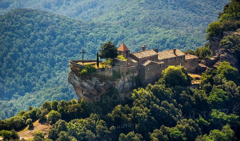 Rocacorba Monastery, Santuari de la Mare de Déu de Rocacorba, Monastery of Our Lady of Rocacorba, monastery, hermit monastery, Canet d'Adri, Costa Brava, Catalonia, Spain, Europe, aerial photo, birds-eyes view, aerial photography, aerial photography, overview, bird's eye view, aerial photos of Spain