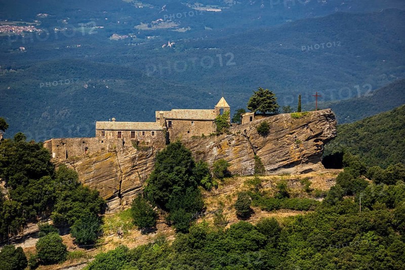 Rocacorba Monastery, Santuari de la Mare de Déu de Rocacorba, Monastery of Our Lady of Rocacorba, monastery, hermit monastery, Sant MartÃ de LlÃ©mena, Costa Brava, Catalonia, Spain, Sant Martí de Llémena, Europe, aerial view, birds-eyes view, aerial photography, aerial photography, overview, bird's eye view, aerial photos of Spain