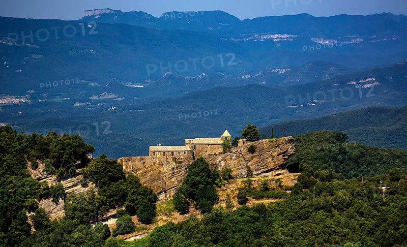 Rocacorba Monastery, Santuari de la Mare de Déu de Rocacorba, Monastery of Our Lady of Rocacorba, monastery, hermit monastery, Sant MartÃ de LlÃ©mena, Costa Brava, Catalonia, Spain, Sant Martí de Llémena, Europe, aerial view, birds-eyes view, aerial photography, aerial photography, overview, bird's eye view, aerial photos of Spain