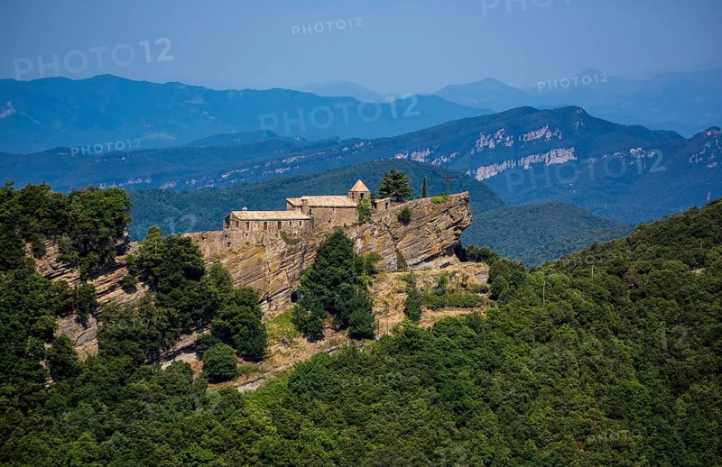 Rocacorba Monastery, Santuari de la Mare de Déu de Rocacorba, Monastery of Our Lady of Rocacorba, monastery, hermit monastery, Sant MartÃ de LlÃ©mena, Costa Brava, Catalonia, Spain, Sant Martí de Llémena, Europe, aerial view, birds-eyes view, aerial photography, aerial photography, overview, bird's eye view, aerial photos of Spain