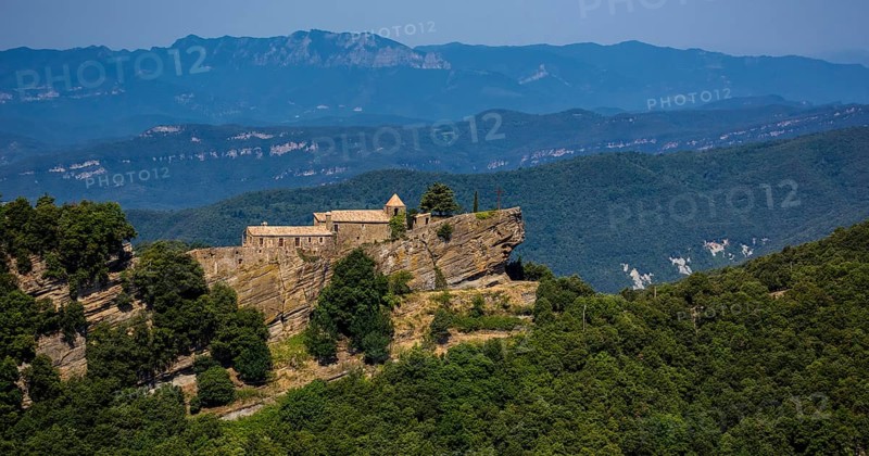 Rocacorba Monastery, Santuari de la Mare de Déu de Rocacorba, Monastery of Our Lady of Rocacorba, monastery, hermit monastery, Sant MartÃ de LlÃ©mena, Costa Brava, Catalonia, Spain, Sant Martí de Llémena, Europe, aerial view, birds-eyes view, aerial photography, aerial photography, overview, bird's eye view, aerial photos of Spain