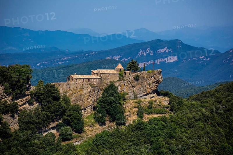 Rocacorba Monastery, Santuari de la Mare de Déu de Rocacorba, Monastery of Our Lady of Rocacorba, monastery, hermit monastery, Sant MartÃ de LlÃ©mena, Costa Brava, Catalonia, Spain, Sant Martí de Llémena, Europe, aerial view, birds-eyes view, aerial photography, aerial photography, overview, bird's eye view, aerial photos of Spain