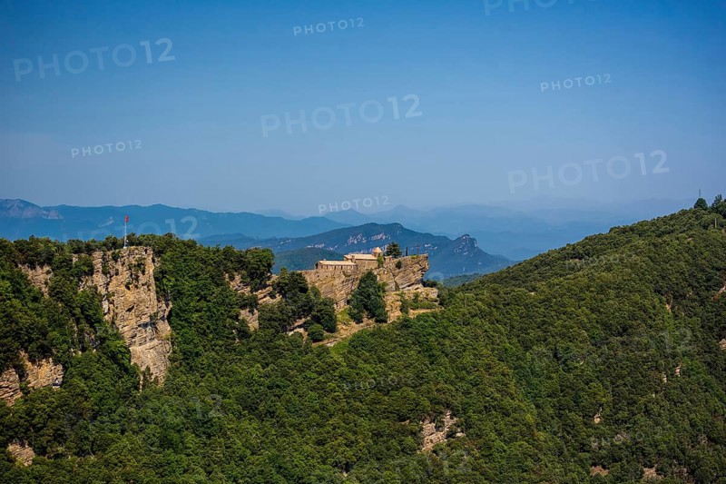 Rocacorba Monastery, Santuari de la Mare de Déu de Rocacorba, Monastery of Our Lady of Rocacorba, monastery, hermit monastery, Sant MartÃ de LlÃ©mena, Costa Brava, Catalonia, Spain, Sant Martí de Llémena, Europe, aerial view, birds-eyes view, aerial photography, aerial photography, overview, bird's eye view, aerial photos of Spain
