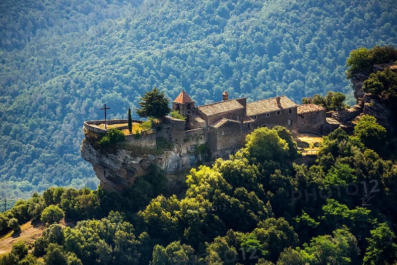 Rocacorba Monastery, Santuari de la Mare de Déu de Rocacorba, Monastery of Our Lady of Rocacorba, monastery, hermit monastery, Canet d'Adri, Costa Brava, Catalonia, Spain, Europe, aerial photo, birds-eyes view, aerial photography, aerial photography, overview, bird's eye view, aerial photos of Spain