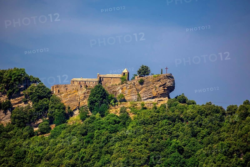 Rocacorba Monastery, Santuari de la Mare de Déu de Rocacorba, Monastery of Our Lady of Rocacorba, monastery, hermit monastery, Porqueres, Costa Brava, Catalonia, Spain, Europe, aerial view, birds-eyes view, aerial photography, aerial photography, overview, bird's eye view, aerial photos of Spain