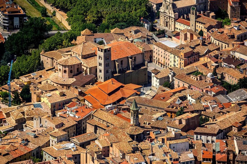 Old Town, Catedral de Sant Pere de Vic, Vic, Costa Brava, Catalonia, Spain, Europe, aerial view, birds-eyes view, aerial photography, aerial photography, overview, overview, bird's eye view, aerial photos of Spain