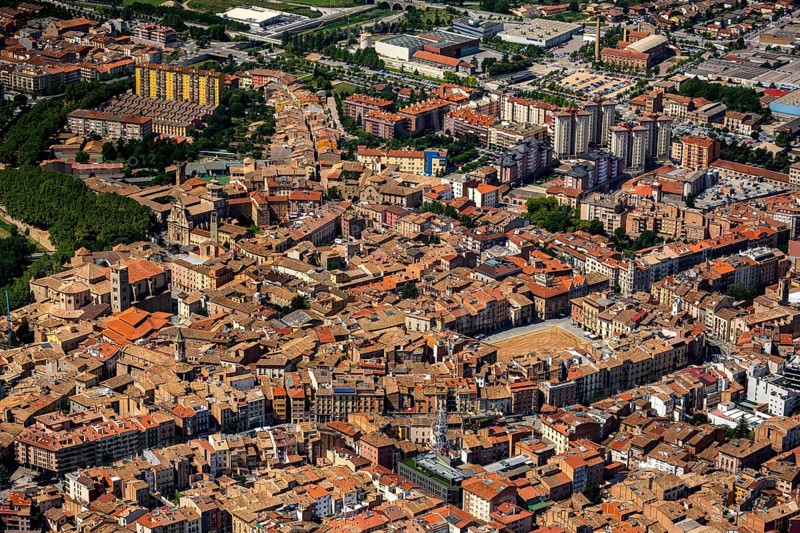 Old town, Placa Major, market place of Vic, overview of the city of Vic, Vic, Costa Brava, Catalonia, Spain, Europe, aerial view, birds-eyes view, aerial photography, aerial photography, overview, bird's eye view, aerial photos of Spain