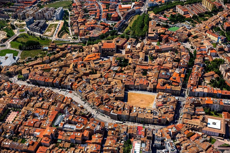 Old town, Placa Major, market place of Vic, Vic, Costa Brava, Catalonia, Spain, Europe, aerial view, birds-eyes view, aerial photography, aerial photography, overview, overview, bird's eye view, aerial photos of Spain
