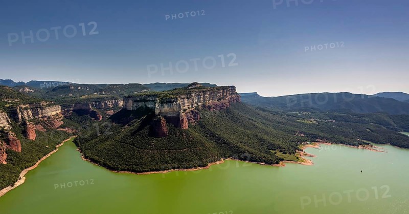 Table mountain bedrock, Panta de Sau, reservoir of Sau, river Ter, Riu Ter, Les Masies de Roda, Costa Brava, Catalonia, Spain, Europe, aerial view, birds-eyes view, aerial photography, aerial photography, aerial photography, overview, bird's eye view, aerial photos of Spain