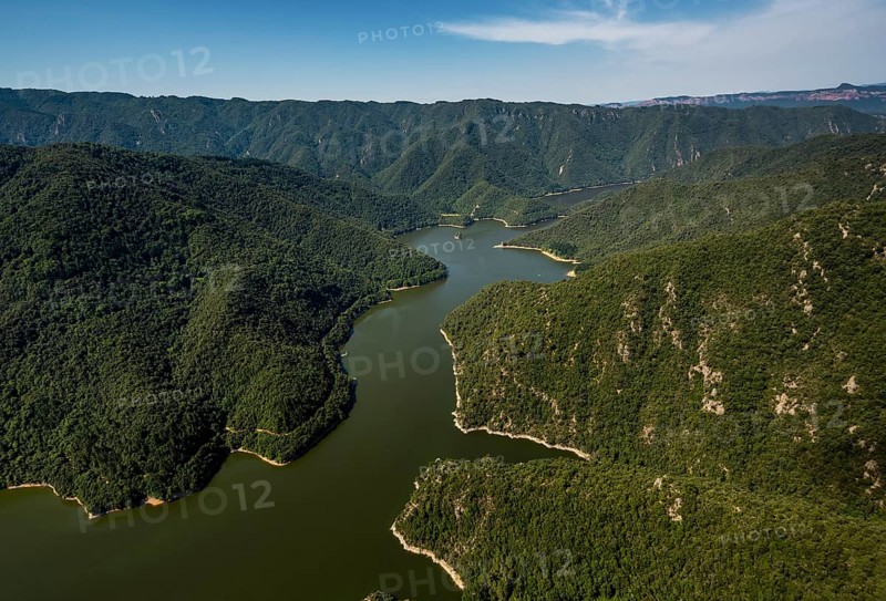 River Ter, Riu Ter, Susqueda Reservoir, Panta de Susqueda, Osor, Costa Brava, Catalonia, Spain, Europe, aerial view, birds-eyes view, aerial photography, aerial photography, overview, bird's eye view, aerial photos of Spain