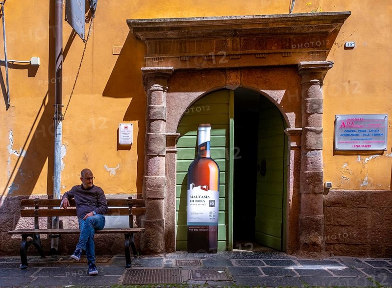 Sardinia, house with picturesque door and wine bottle poster, Bosa, Europe, Province of Oristano, Italy, old town, architecture, exterior, charm, village, discovery, facade, window, building, house, culture, art, artwork, poster, travel, sightseeing, city, scenery, tourism, door, door sign, wine, wine bottle poster, colourful, decoration, European, historical, Italian, local, picturesque, Mediterranean, rustic, traditional
