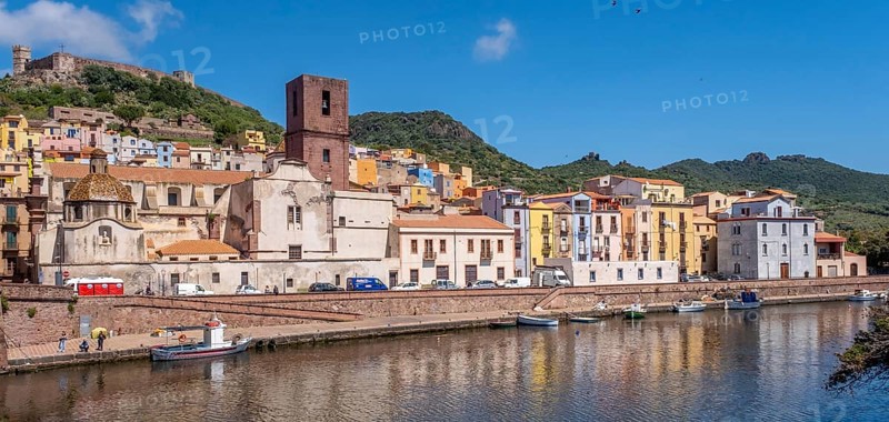 Sardinia, village view, houses at the river Temo and church tower, Bosa, Europe, province Oristano, Italy, architecture, architectural details, view, village, river Temo, building, sky, houses, idyllic, church, church tower, culture, landscape, travel, sightseeing, summer, townscape, silence, streets, scene, scenery, daylight, tourism, shore, environment, urban, water, residential houses, authentic, European, historical, picturesque, Mediterranean, regional, quiet, typical