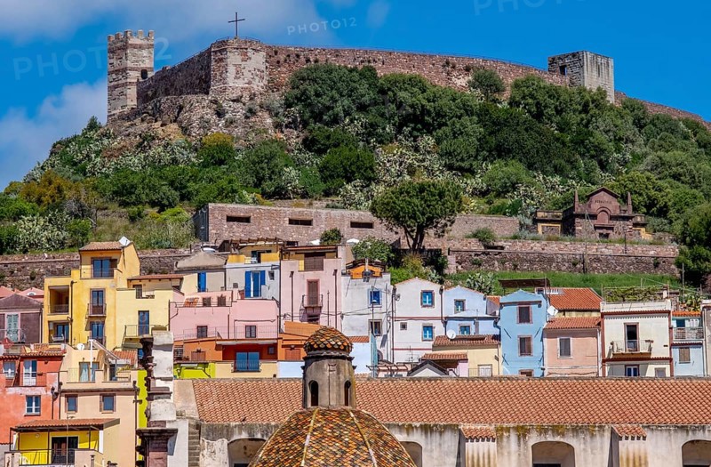 Sardinia, view, Castello di Serravalle, Bosa, Europe, Province of Oristano, Italy, old town, architecture, view, Castello di Serravalle, village, roofs, conservation, river, building, history, hill, culture, coast, landscape, panorama, region, travel, castle, sight, sightseeing, summer, city, stones, scenery, daylight, tourism, residential buildings, historical, Italian, picturesque, Mediterranean, medieval, traditional