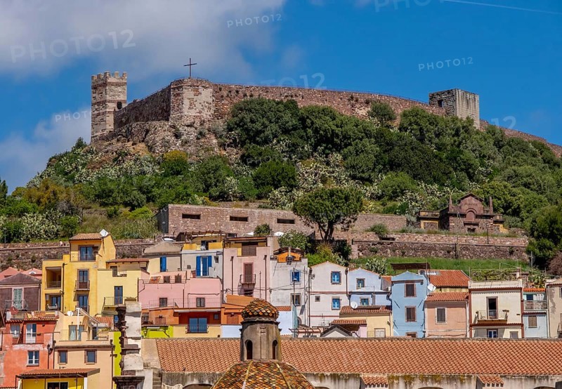Sardinia, Town View Residential Houses and Castle Castello di Serravalle, Bosa, Europe, Province Oristano, Italy, Old Town, Antiquity, Architecture, View, Castello di Serravalle, Monument, Village, Roofs, Heritage, Fortress, River, Building, Hill, Culture, landscape, local view, panorama, region, travel, castle, sight, settlement, sightseeing, town, Temo, tourism, surroundings, holiday destination, residential buildings, brick, European, historical, Italian, picturesque, Mediterranean, medieval, traditional
