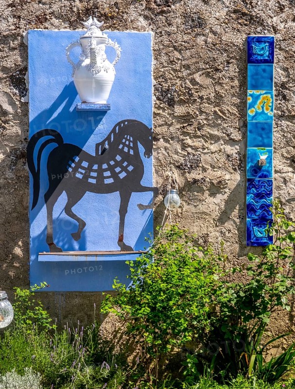 Sardinia, artwork wall fresco with horse symbol, white jug and mosaic stones, Tinnura, Europe, Province of Oristano, Italy, architecture, design, detail, heritage, colour, craft, creativity, culture, art history, art installation, art scene, artwork, painting, mosaic stones, horse symbol, sightseeing, stones, symbolism, technique, texture, tourism, wall fresco, antique, decorative, elementary, historical, Italian, artistic, local, Mediterranean, Mediterranean culture, traditional, white jug