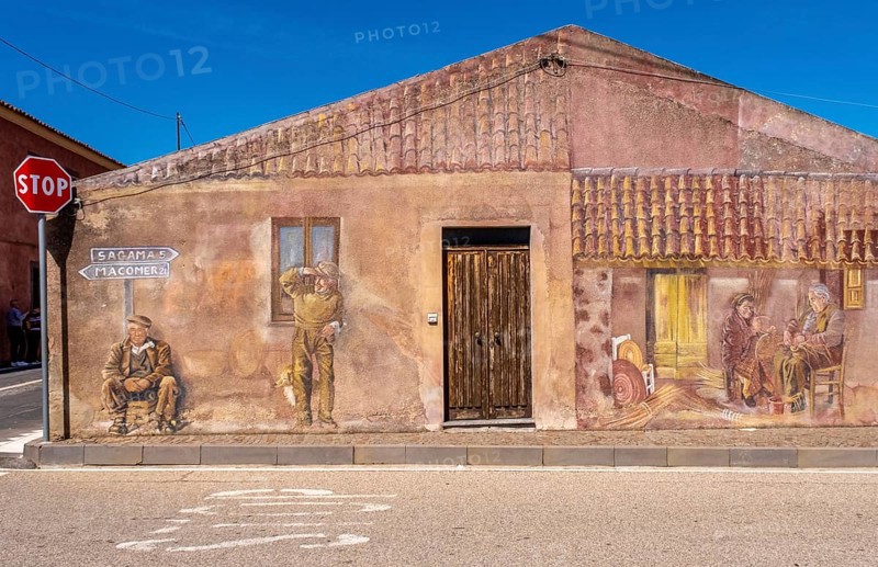 Sardinia, house with murals, Sardinian landmark, Tinnura, Europe, Province of Oristano, Italy, architecture, atmosphere, exterior, charm, details, colours, facade, building, history, house, culture, art, murals, landmark, sightseeing, street, tourism, holiday, mural, mural art, decoration, unique, creative, artistic, rural, picturesque, Mediterranean, regional, traditional
