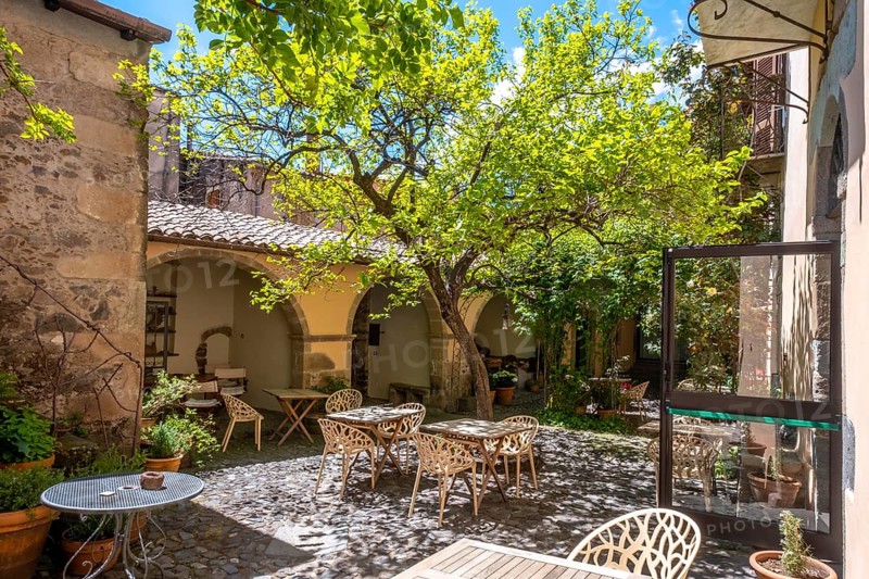 Sardinia, tree in a courtyard of a restaurant, Santu Lussurgiu, Europe, Province of Oristano, Italy, architecture, atmosphere, tree, trees, café, relaxation, recreation, food, flair, gastronomy, idyllic, courtyard, culture, landscape, local colour, masonry, nature, outdoor, plants, travellers, restaurant, shade, sightseeing, seating area, summer, sunlight, terrace, tourism, drinking, surroundings, historic, picturesque, Mediterranean, quiet atmosphere, touristy, traditional