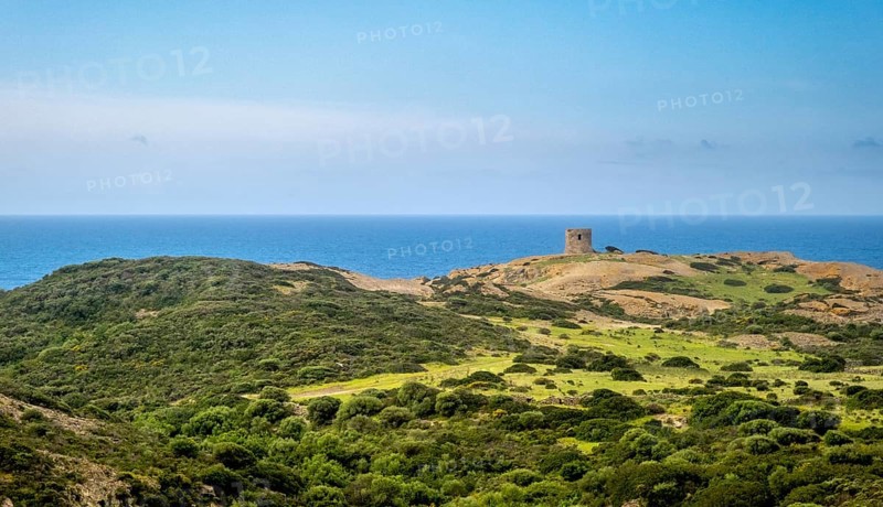 Sardinia, Former fortress tower, hilly coastal landscape by the sea, blue sky with clouds, Bosa, Europe, Province of Oristano, Italy, architecture, view, fortress tower, history, grass, hill, coast, coastal landscape, landscape, sea, Mediterranean, nature, panorama, travel, ruin, sightseeing, summer, stone, tourism, tower, holiday, clouds, cloud formation, blue sky, peaceful, historical, picturesque, Mediterranean