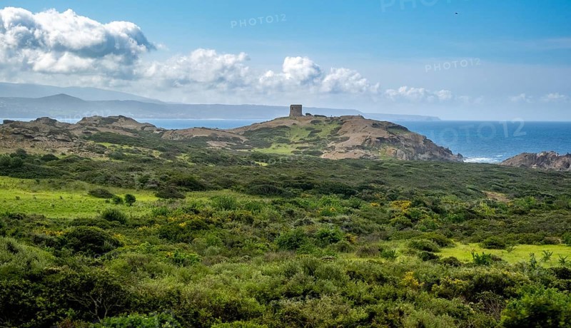 Sardinia, Former fortress tower, hilly coastal landscape by the sea, blue sky with clouds, Bosa, Europe, Province of Oristano, Italy, antiquity, architecture, view, recreation, fortress tower, photography, leisure, history, horizon, hill, idyll, coast, coastal landscape, landscape, sea, Mediterranean, nature, landmark, Oristano, panorama, travel, tranquillity, sightseeing, summer, stone, daylight, tourism, holiday, landmark, clouds, blue sky, historical, picturesque, Mediterranean, picturesque, vegetation