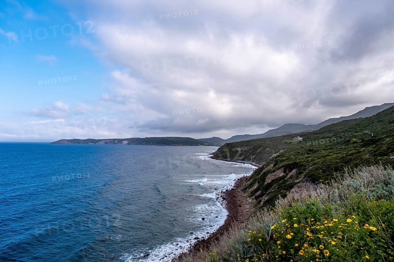 Sardinia, mountains, sea and coast, coastal landscape and blue sky with clouds, Villanova Monteleone, Europe, province of Sassari, Italy, view, viewpoint, recreation, exploration, open space, horizon, hill, idyll, coast, coastal landscape, landscape, sea, Mediterranean, nature, panorama, region, travel, tranquillity, sightseeing, summer, scenery, daylight, tourism, environment, holiday, clouds, blue sky, rocky, clear, picturesque, Mediterranean, western Mediterranean