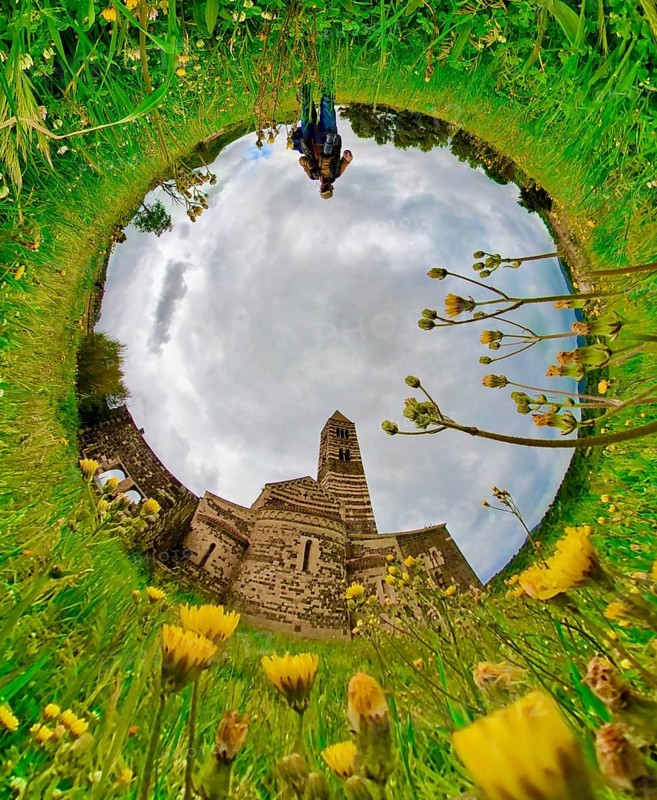 Sardinia, Abbey Church of Santissima TrinitÃƒÂ di Saccargia, Romanesque church, fisheye shot, fisheye shot, 360 degree shot, Codrongianos, Europe, Province of Sassari, Italy, abbey church, place of worship, chiesa, fisheye lens, fisheye lens, religious community, place of worship, holy site, IT, church, parish, denomination, travel, destination, religion, religious site, sightseeing, super wide-angle lens, tourism, meadows and fields, fisheye image, fisheye lens, insta360 camera