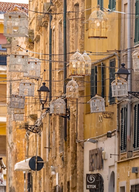 Sardinia, birdcage with light bulbs on power lines between houses above the alleyway, old town, Alghero, Europe, province of Sassari, Italy, evening, architecture, buildings, lighting, twilight, electricity, alley, light bulbs, houses, creativity, culture, art installation, sightseeing, cityscape, city centre, alleyway, power lines, tourism, tradition, birdcage, atmospheric, decoration, narrow, historical, Italian, picturesque, Mediterranean, unusual, urban environment